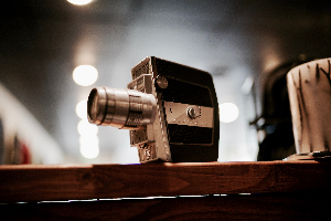 A vintage movie camera.