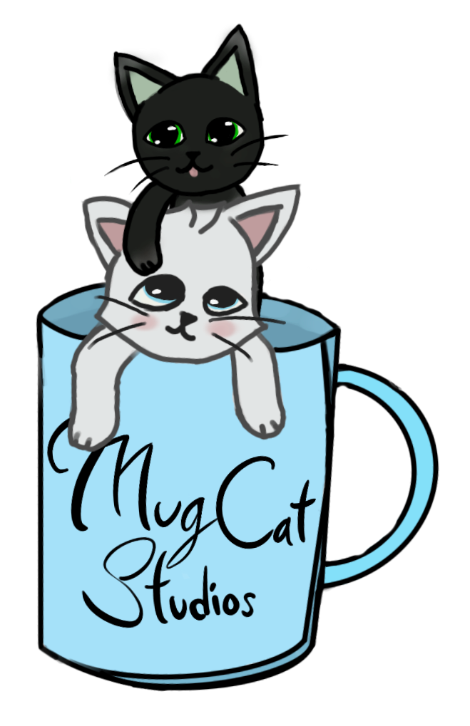 Logo of MugCatStudios featuring a white cat and black cat inside a light blue mug with "MugCatStudos" in cursive.